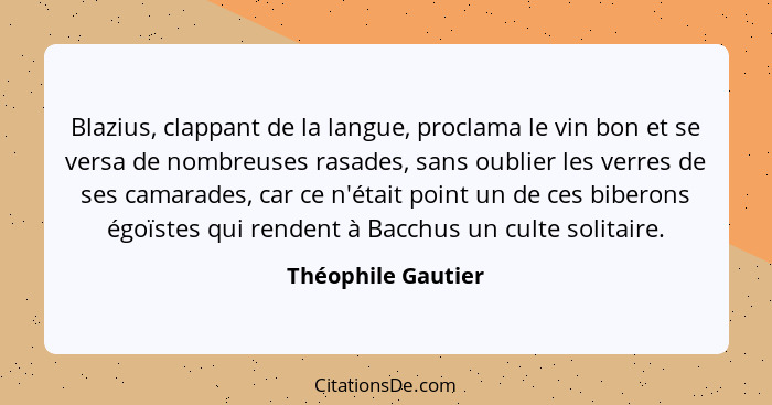 Blazius, clappant de la langue, proclama le vin bon et se versa de nombreuses rasades, sans oublier les verres de ses camarades, c... - Théophile Gautier