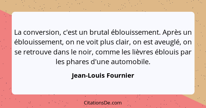 La conversion, c'est un brutal éblouissement. Après un éblouissement, on ne voit plus clair, on est aveuglé, on se retrouve dans... - Jean-Louis Fournier