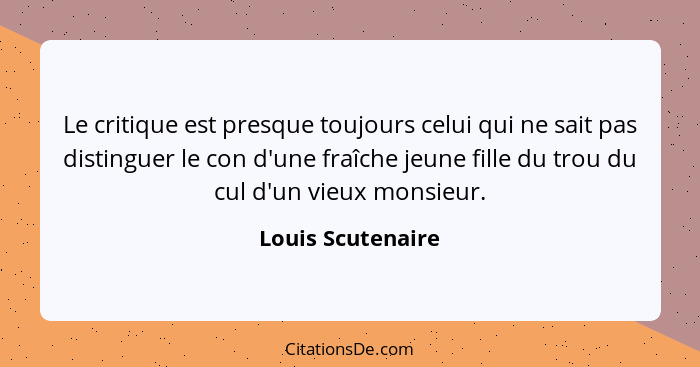 Le critique est presque toujours celui qui ne sait pas distinguer le con d'une fraîche jeune fille du trou du cul d'un vieux monsie... - Louis Scutenaire