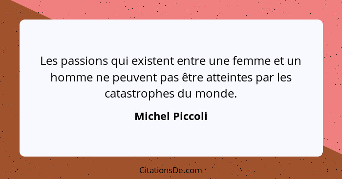 Les passions qui existent entre une femme et un homme ne peuvent pas être atteintes par les catastrophes du monde.... - Michel Piccoli