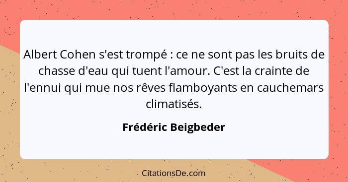 Albert Cohen s'est trompé : ce ne sont pas les bruits de chasse d'eau qui tuent l'amour. C'est la crainte de l'ennui qui mue... - Frédéric Beigbeder