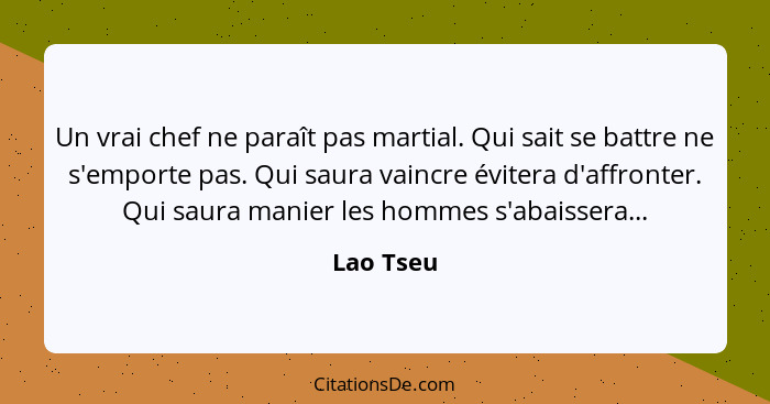 Un vrai chef ne paraît pas martial. Qui sait se battre ne s'emporte pas. Qui saura vaincre évitera d'affronter. Qui saura manier les hommes... - Lao Tseu