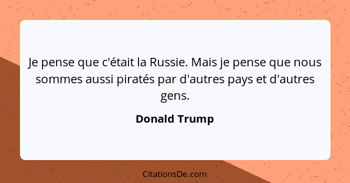 Je pense que c'était la Russie. Mais je pense que nous sommes aussi piratés par d'autres pays et d'autres gens.... - Donald Trump