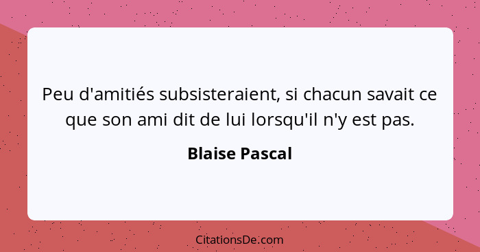 Peu d'amitiés subsisteraient, si chacun savait ce que son ami dit de lui lorsqu'il n'y est pas.... - Blaise Pascal
