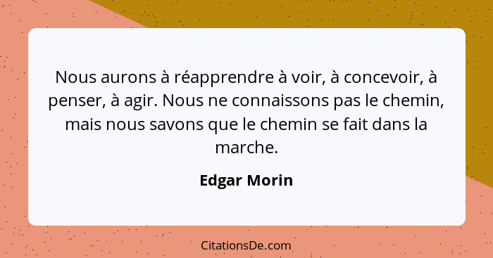 Nous aurons à réapprendre à voir, à concevoir, à penser, à agir. Nous ne connaissons pas le chemin, mais nous savons que le chemin se fa... - Edgar Morin