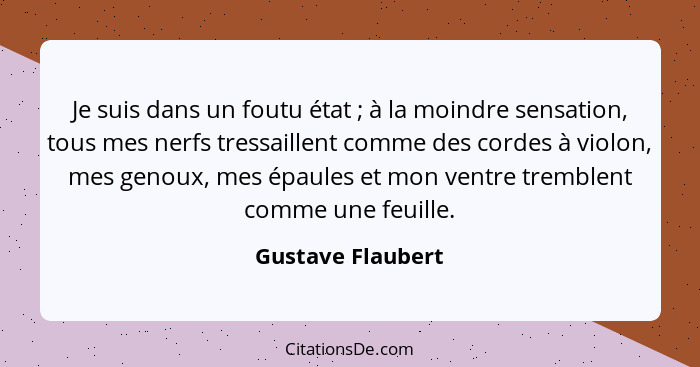 Je suis dans un foutu état ; à la moindre sensation, tous mes nerfs tressaillent comme des cordes à violon, mes genoux, mes ép... - Gustave Flaubert