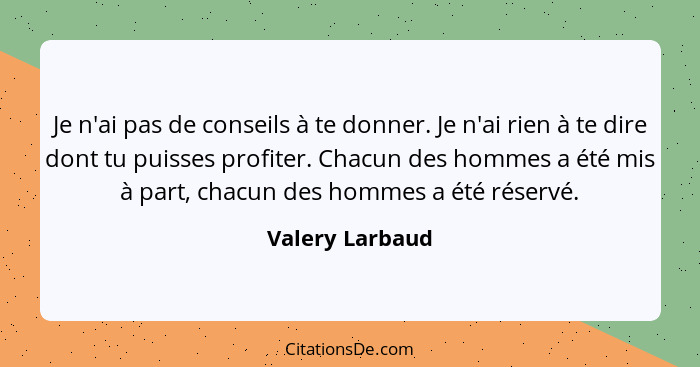 Je n'ai pas de conseils à te donner. Je n'ai rien à te dire dont tu puisses profiter. Chacun des hommes a été mis à part, chacun des... - Valery Larbaud