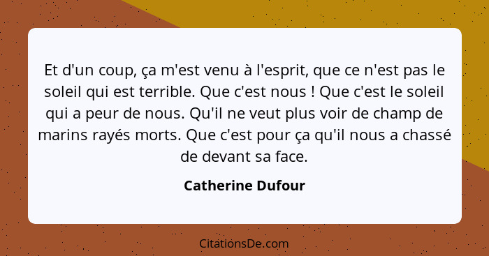 Et d'un coup, ça m'est venu à l'esprit, que ce n'est pas le soleil qui est terrible. Que c'est nous ! Que c'est le soleil qui... - Catherine Dufour