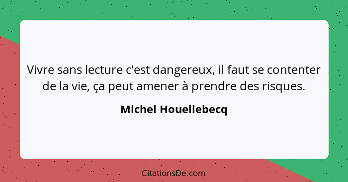 Vivre sans lecture c'est dangereux, il faut se contenter de la vie, ça peut amener à prendre des risques.... - Michel Houellebecq