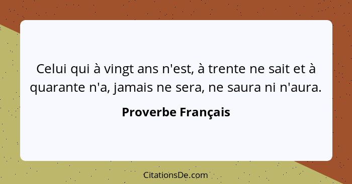 Celui qui à vingt ans n'est, à trente ne sait et à quarante n'a, jamais ne sera, ne saura ni n'aura.... - Proverbe Français