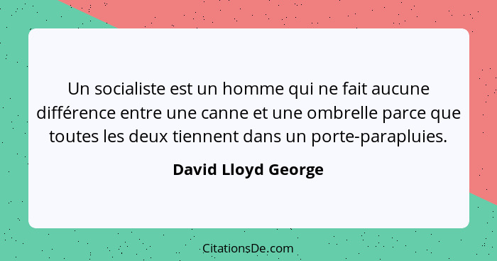 Un socialiste est un homme qui ne fait aucune différence entre une canne et une ombrelle parce que toutes les deux tiennent dans... - David Lloyd George