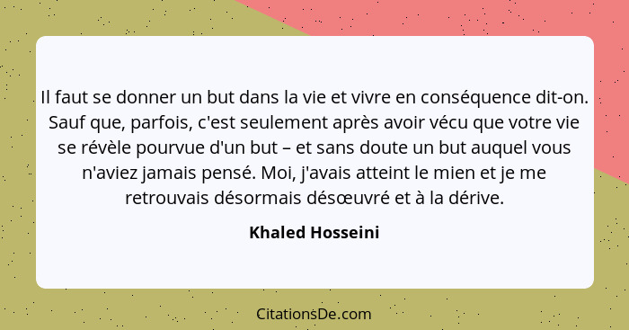 Il faut se donner un but dans la vie et vivre en conséquence dit-on. Sauf que, parfois, c'est seulement après avoir vécu que votre v... - Khaled Hosseini