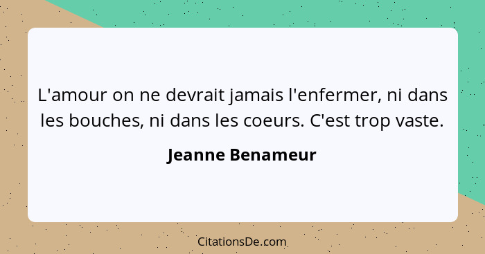 L'amour on ne devrait jamais l'enfermer, ni dans les bouches, ni dans les coeurs. C'est trop vaste.... - Jeanne Benameur