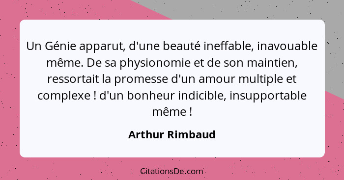 Un Génie apparut, d'une beauté ineffable, inavouable même. De sa physionomie et de son maintien, ressortait la promesse d'un amour mu... - Arthur Rimbaud