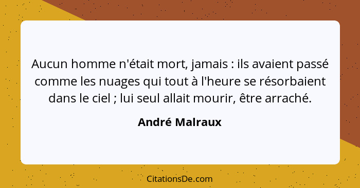 Aucun homme n'était mort, jamais : ils avaient passé comme les nuages qui tout à l'heure se résorbaient dans le ciel ; lui s... - André Malraux