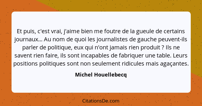 Et puis, c'est vrai, j'aime bien me foutre de la gueule de certains journaux... Au nom de quoi les journalistes de gauche peuvent... - Michel Houellebecq