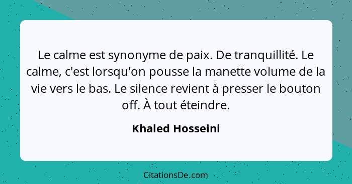 Le calme est synonyme de paix. De tranquillité. Le calme, c'est lorsqu'on pousse la manette volume de la vie vers le bas. Le silence... - Khaled Hosseini