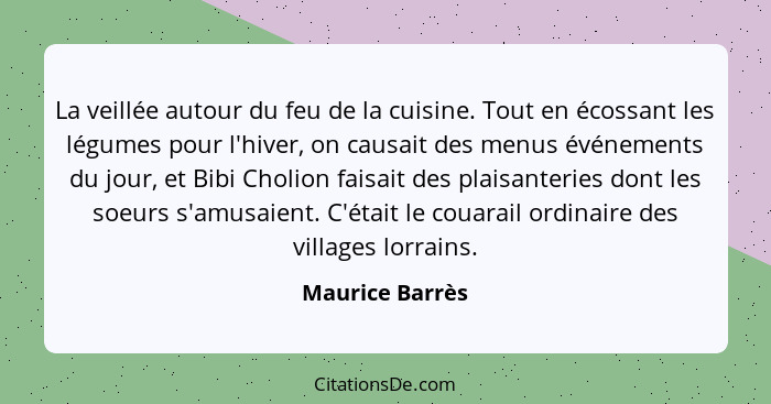 La veillée autour du feu de la cuisine. Tout en écossant les légumes pour l'hiver, on causait des menus événements du jour, et Bibi C... - Maurice Barrès