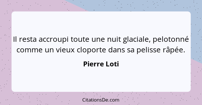 Il resta accroupi toute une nuit glaciale, pelotonné comme un vieux cloporte dans sa pelisse râpée.... - Pierre Loti