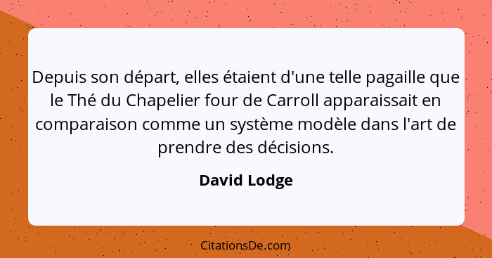 Depuis son départ, elles étaient d'une telle pagaille que le Thé du Chapelier four de Carroll apparaissait en comparaison comme un systè... - David Lodge