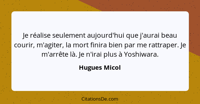 Je réalise seulement aujourd'hui que j'aurai beau courir, m'agiter, la mort finira bien par me rattraper. Je m'arrête là. Je n'irai plu... - Hugues Micol