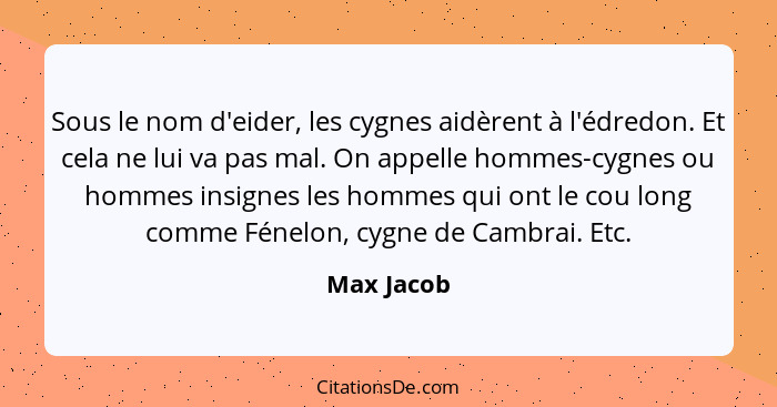 Sous le nom d'eider, les cygnes aidèrent à l'édredon. Et cela ne lui va pas mal. On appelle hommes-cygnes ou hommes insignes les hommes qu... - Max Jacob