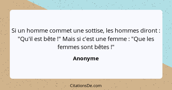 Si un homme commet une sottise, les hommes diront : "Qu'il est bête !" Mais si c'est une femme : "Que les femmes sont bêtes&n... - Anonyme