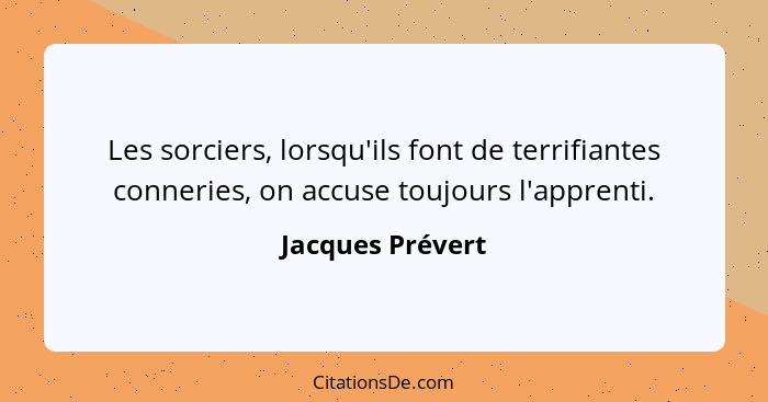 Les sorciers, lorsqu'ils font de terrifiantes conneries, on accuse toujours l'apprenti.... - Jacques Prévert