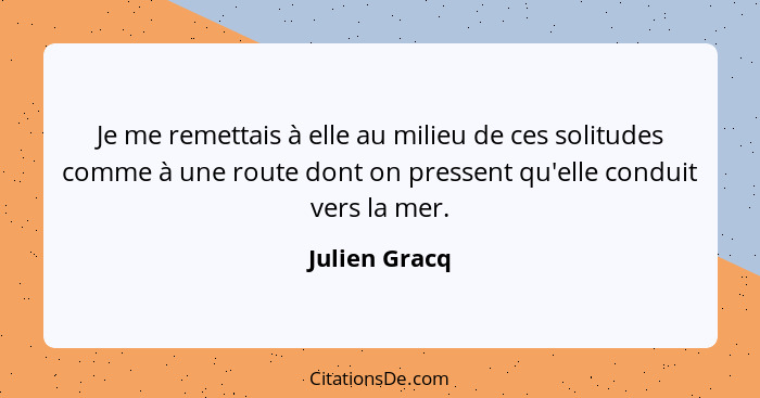 Je me remettais à elle au milieu de ces solitudes comme à une route dont on pressent qu'elle conduit vers la mer.... - Julien Gracq