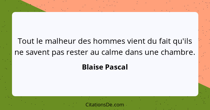 Tout le malheur des hommes vient du fait qu'ils ne savent pas rester au calme dans une chambre.... - Blaise Pascal