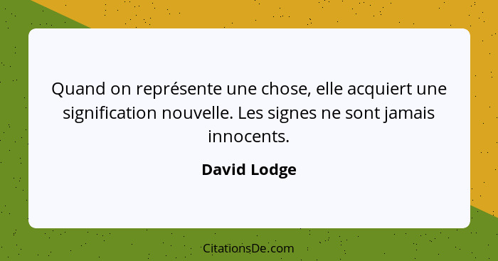 Quand on représente une chose, elle acquiert une signification nouvelle. Les signes ne sont jamais innocents.... - David Lodge