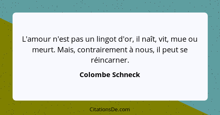 L'amour n'est pas un lingot d'or, il naît, vit, mue ou meurt. Mais, contrairement à nous, il peut se réincarner.... - Colombe Schneck