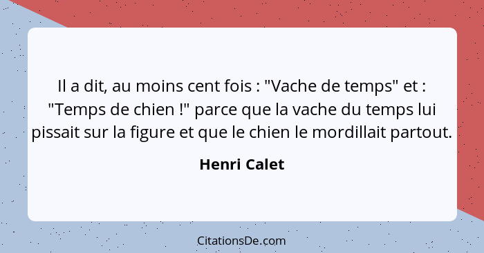 Il a dit, au moins cent fois : "Vache de temps" et : "Temps de chien !" parce que la vache du temps lui pissait sur la fi... - Henri Calet