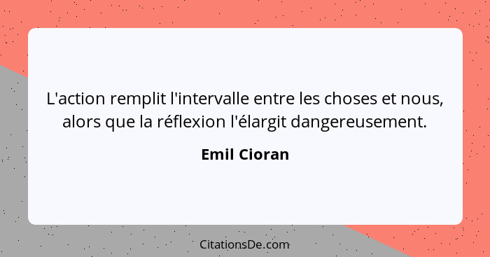 L'action remplit l'intervalle entre les choses et nous, alors que la réflexion l'élargit dangereusement.... - Emil Cioran