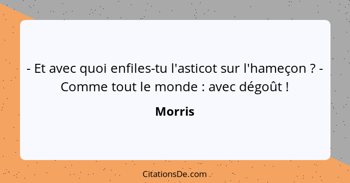 - Et avec quoi enfiles-tu l'asticot sur l'hameçon ? - Comme tout le monde : avec dégoût !... - Morris