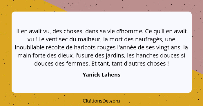 Il en avait vu, des choses, dans sa vie d'homme. Ce qu'il en avait vu ! Le vent sec du malheur, la mort des naufragés, une inoubl... - Yanick Lahens