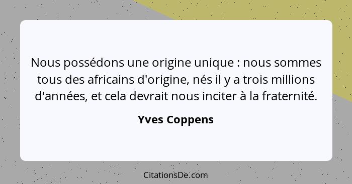 Nous possédons une origine unique : nous sommes tous des africains d'origine, nés il y a trois millions d'années, et cela devrait... - Yves Coppens