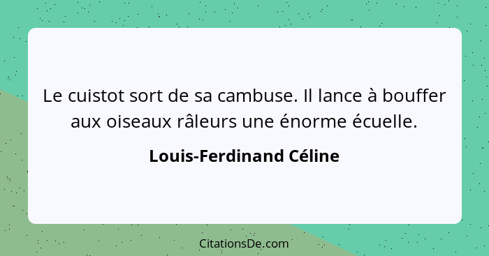 Le cuistot sort de sa cambuse. Il lance à bouffer aux oiseaux râleurs une énorme écuelle.... - Louis-Ferdinand Céline