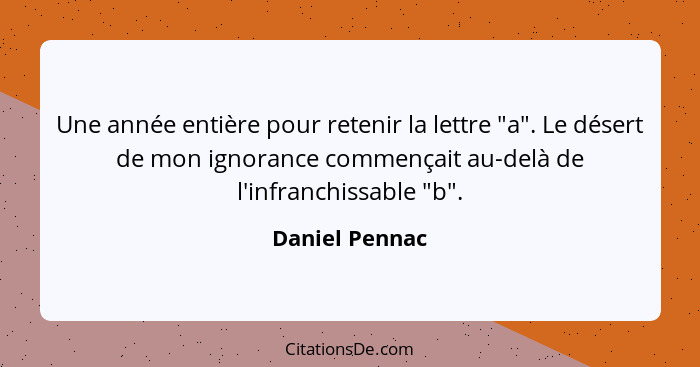 Une année entière pour retenir la lettre "a". Le désert de mon ignorance commençait au-delà de l'infranchissable "b".... - Daniel Pennac