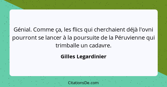 Génial. Comme ça, les flics qui cherchaient déjà l'ovni pourront se lancer à la poursuite de la Péruvienne qui trimballe un cadav... - Gilles Legardinier