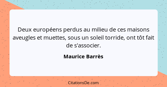 Deux européens perdus au milieu de ces maisons aveugles et muettes, sous un soleil torride, ont tôt fait de s'associer.... - Maurice Barrès