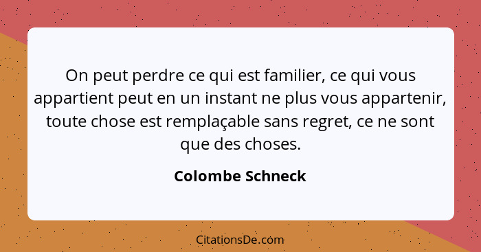 On peut perdre ce qui est familier, ce qui vous appartient peut en un instant ne plus vous appartenir, toute chose est remplaçable s... - Colombe Schneck