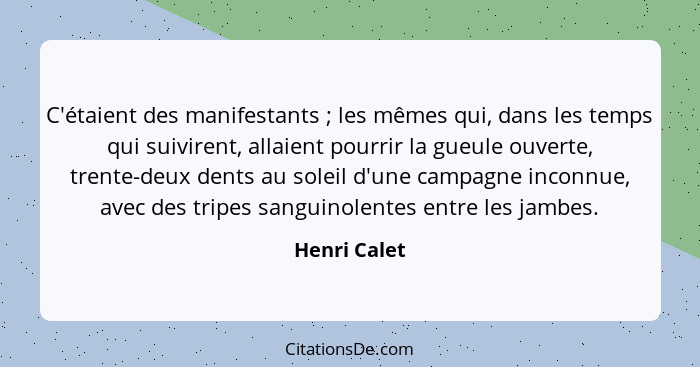 C'étaient des manifestants ; les mêmes qui, dans les temps qui suivirent, allaient pourrir la gueule ouverte, trente-deux dents au... - Henri Calet