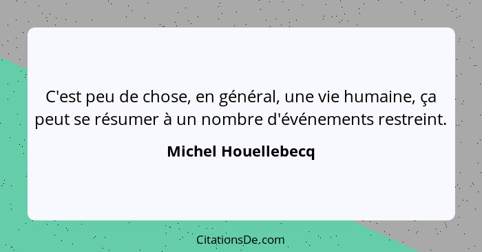 C'est peu de chose, en général, une vie humaine, ça peut se résumer à un nombre d'événements restreint.... - Michel Houellebecq