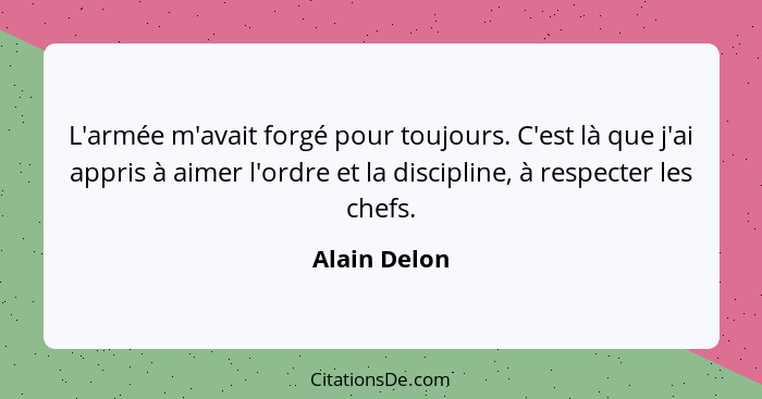 L'armée m'avait forgé pour toujours. C'est là que j'ai appris à aimer l'ordre et la discipline, à respecter les chefs.... - Alain Delon