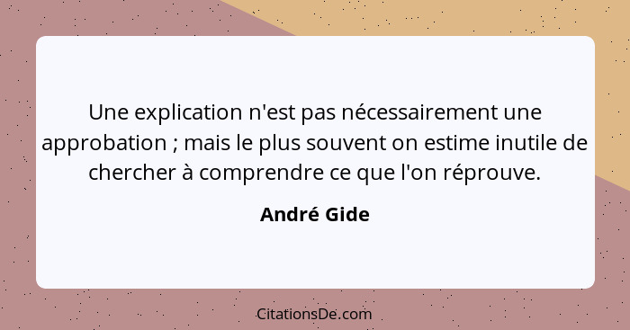 Une explication n'est pas nécessairement une approbation ; mais le plus souvent on estime inutile de chercher à comprendre ce que l'... - André Gide