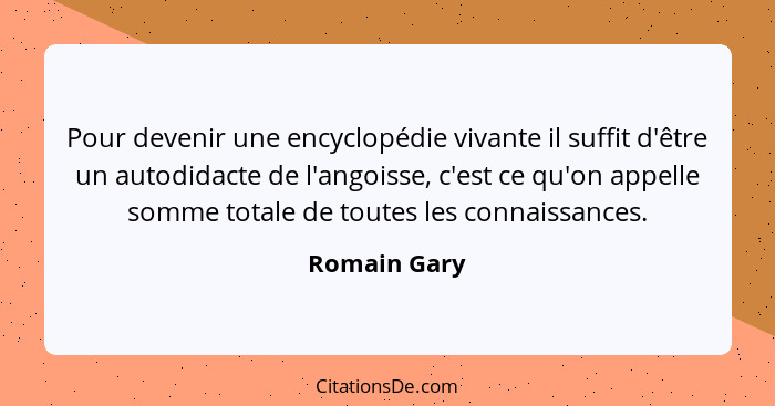 Pour devenir une encyclopédie vivante il suffit d'être un autodidacte de l'angoisse, c'est ce qu'on appelle somme totale de toutes les c... - Romain Gary