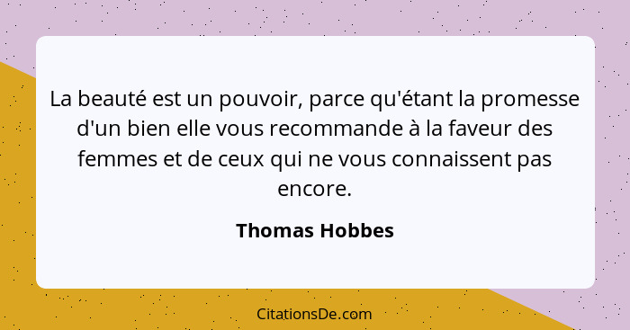 La beauté est un pouvoir, parce qu'étant la promesse d'un bien elle vous recommande à la faveur des femmes et de ceux qui ne vous conn... - Thomas Hobbes