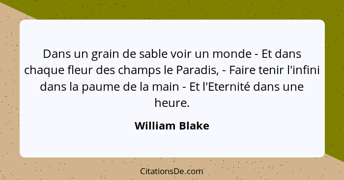 Dans un grain de sable voir un monde - Et dans chaque fleur des champs le Paradis, - Faire tenir l'infini dans la paume de la main - E... - William Blake