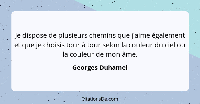 Je dispose de plusieurs chemins que j'aime également et que je choisis tour à tour selon la couleur du ciel ou la couleur de mon âme... - Georges Duhamel